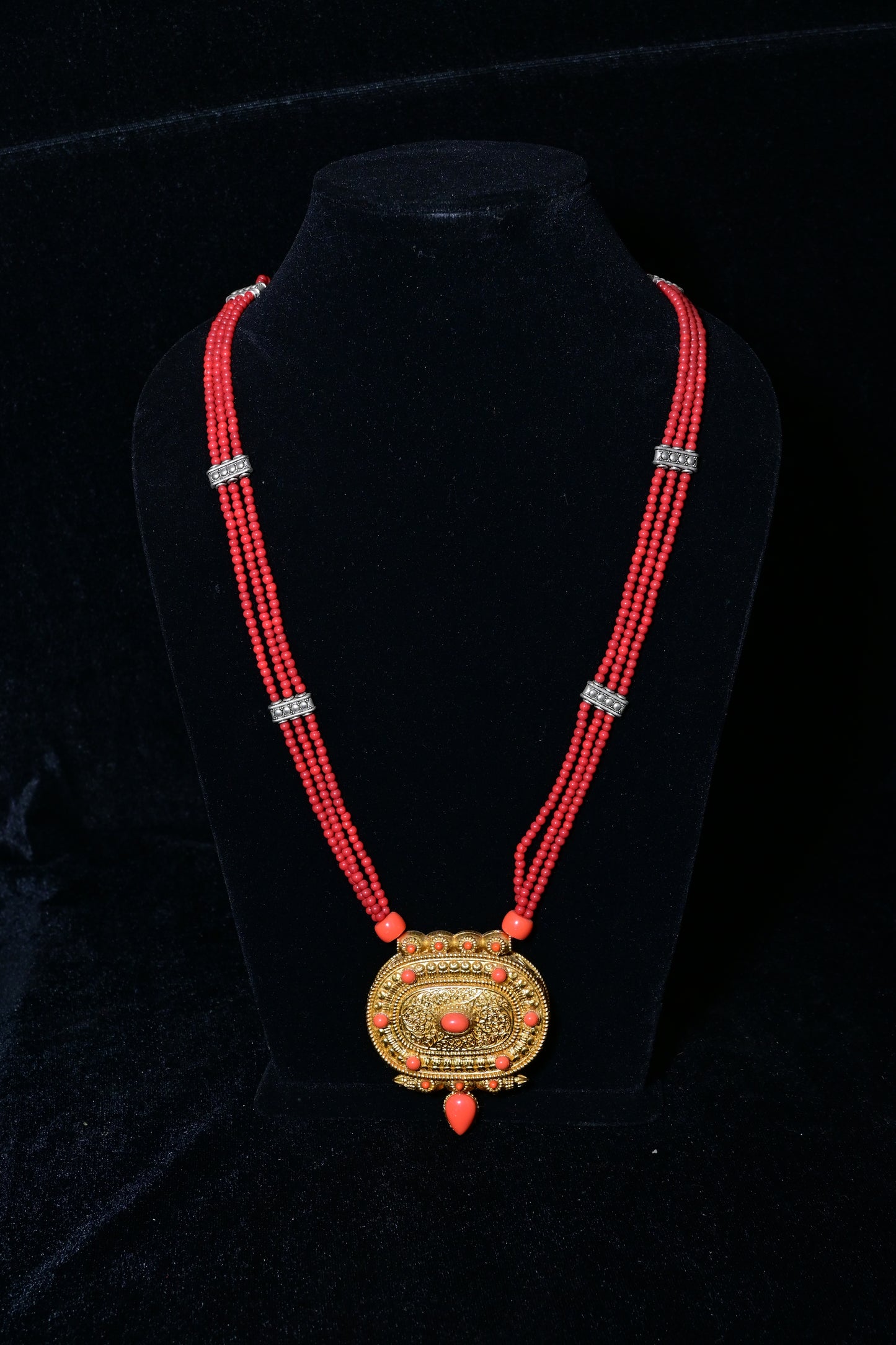 Traditional Red Multi-Strand Bead Necklace with Antique Gold Pendant