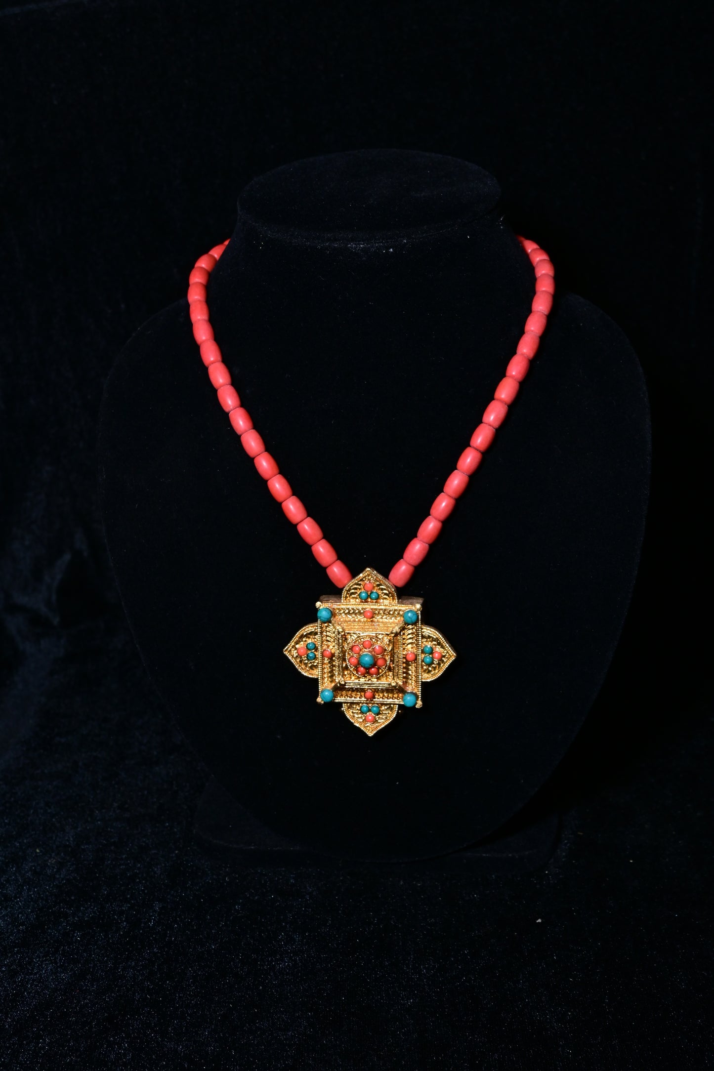 Traditional Red Bead Necklace with Geometric Antique Gold Pendant