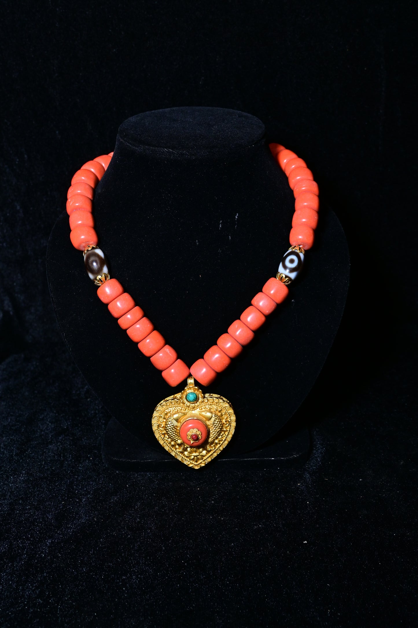 Traditional Coral Bead Necklace with Tibetan Dzi Beads & Heart Pendant