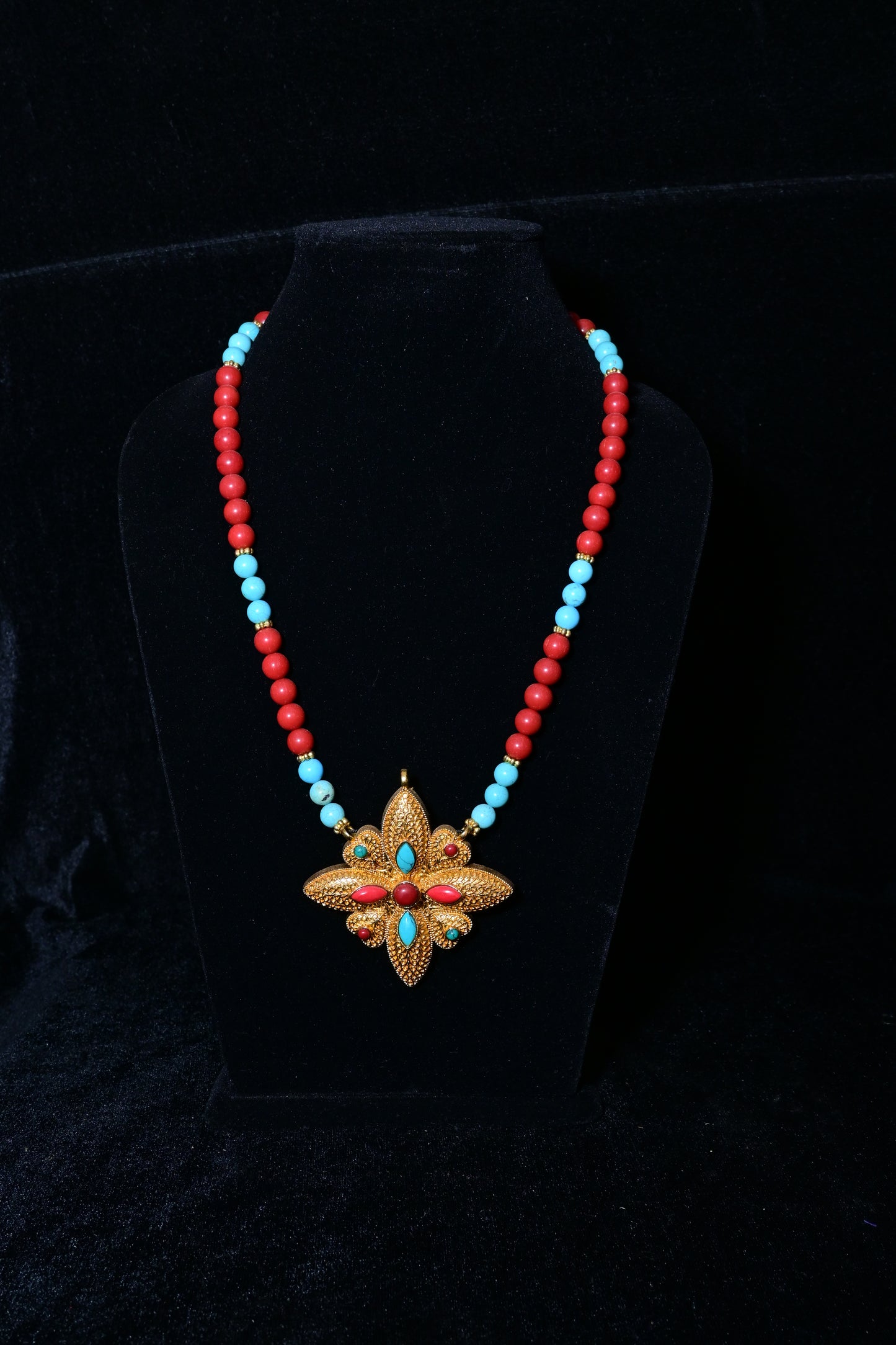 Coral & Turquoise Bead Necklace with Tibetan Floral Pendant