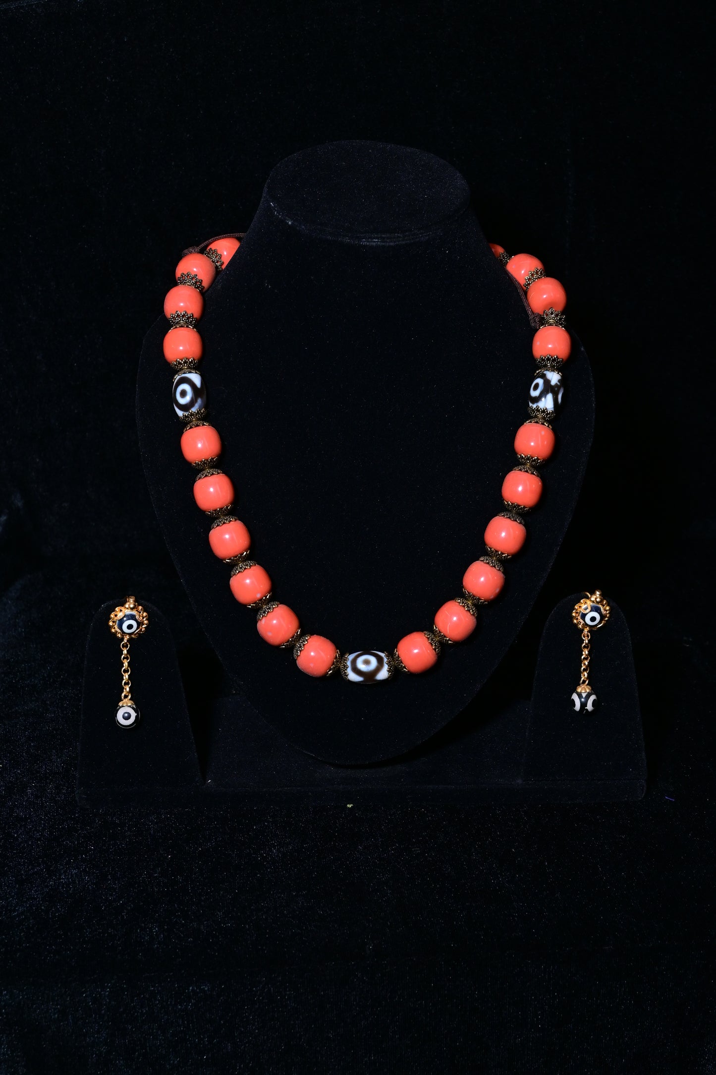 Traditional Tibetan Coral Bead Necklace Set with Dzi Accent Beads