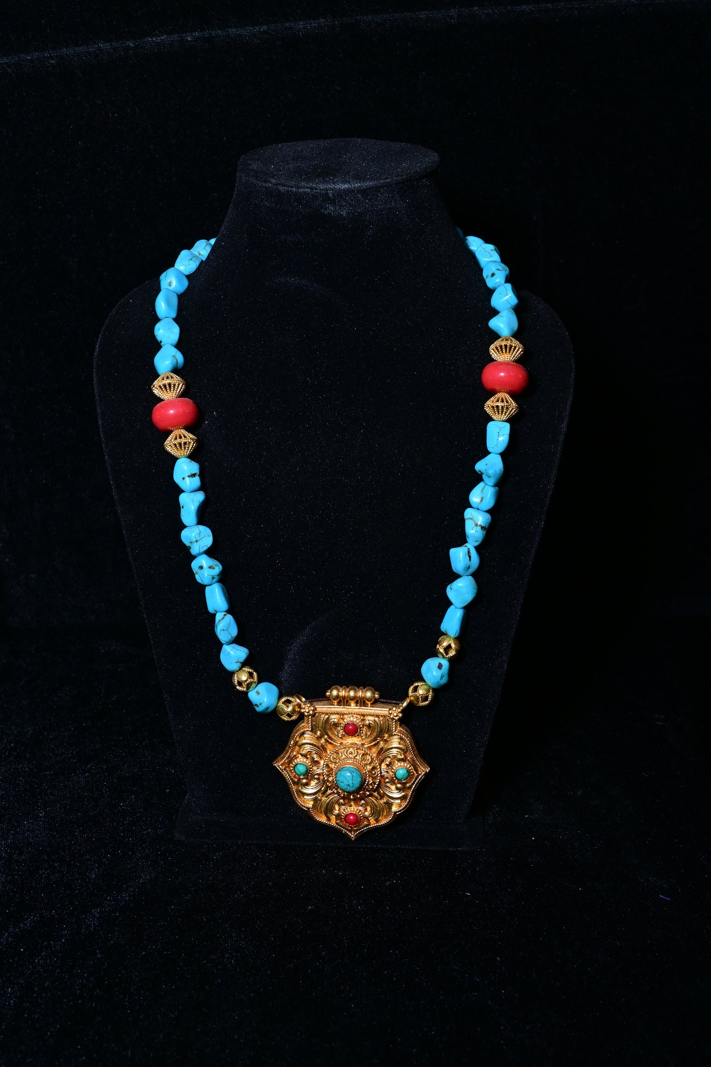 Turquoise Stone Necklace with Antique Tibetan Statement Pendant