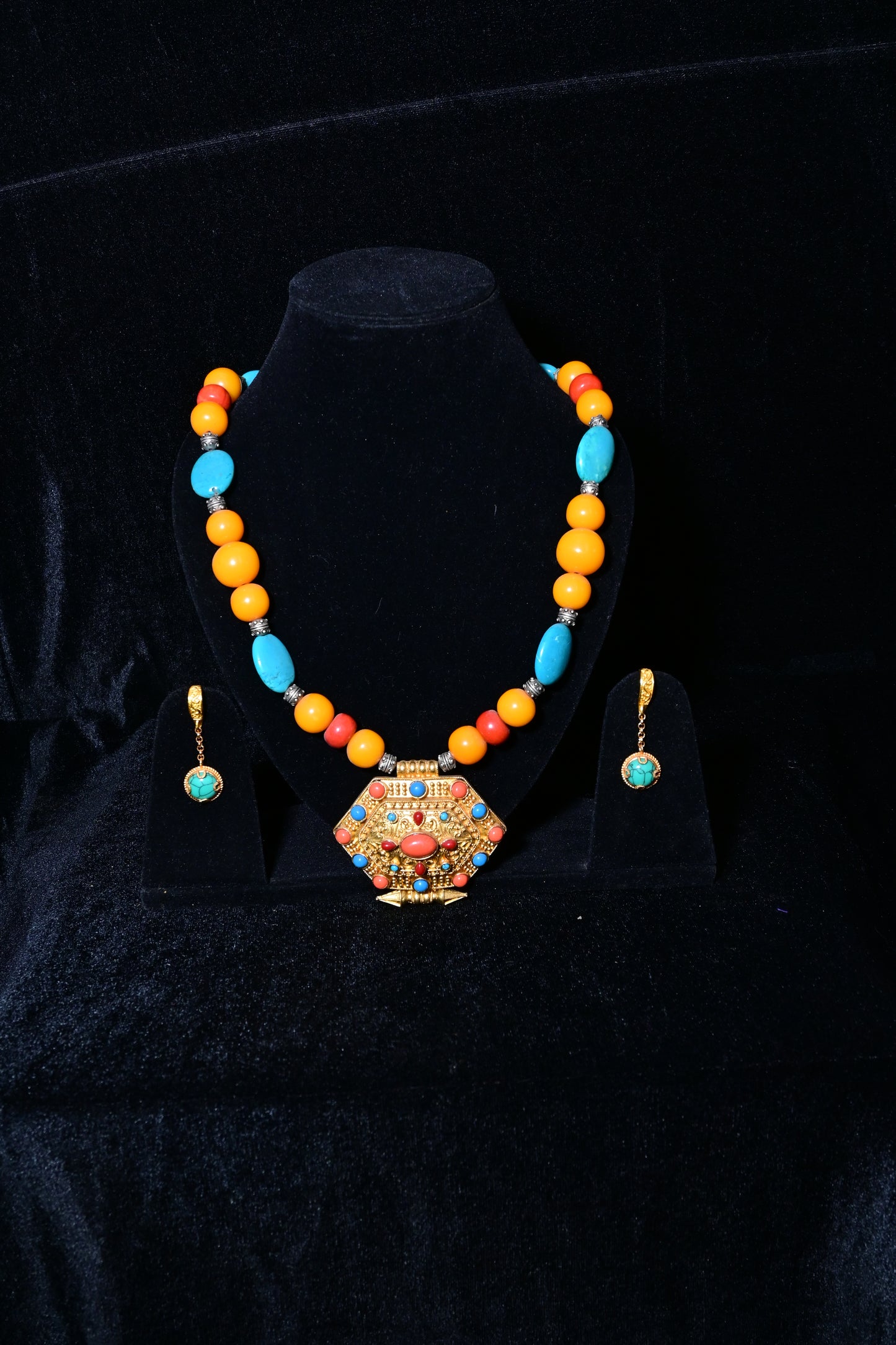 Traditional Tibetan Turquoise & Amber Statement Necklace Set