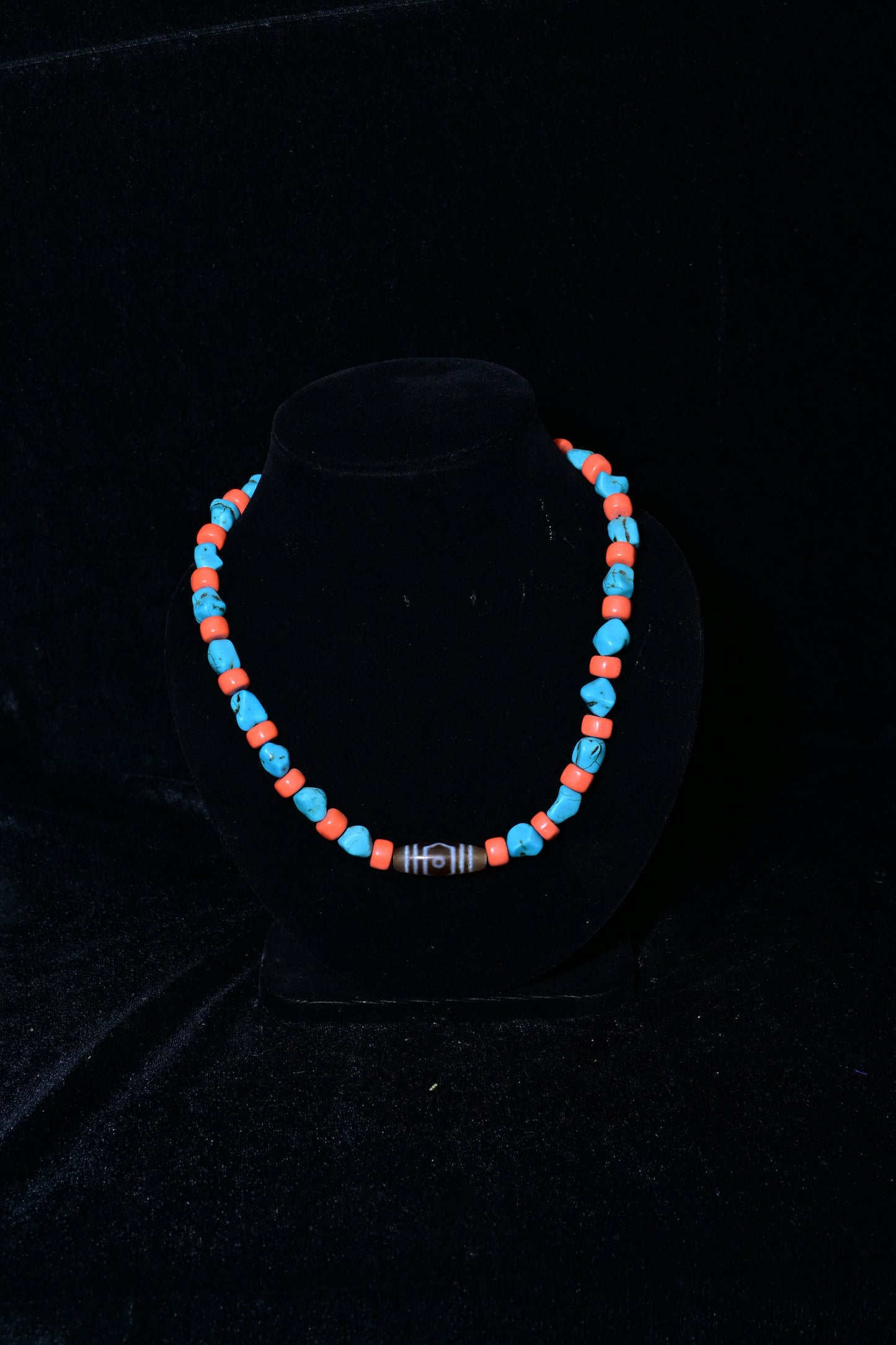 Turquoise & Coral Bead Necklace with Dzi Accent