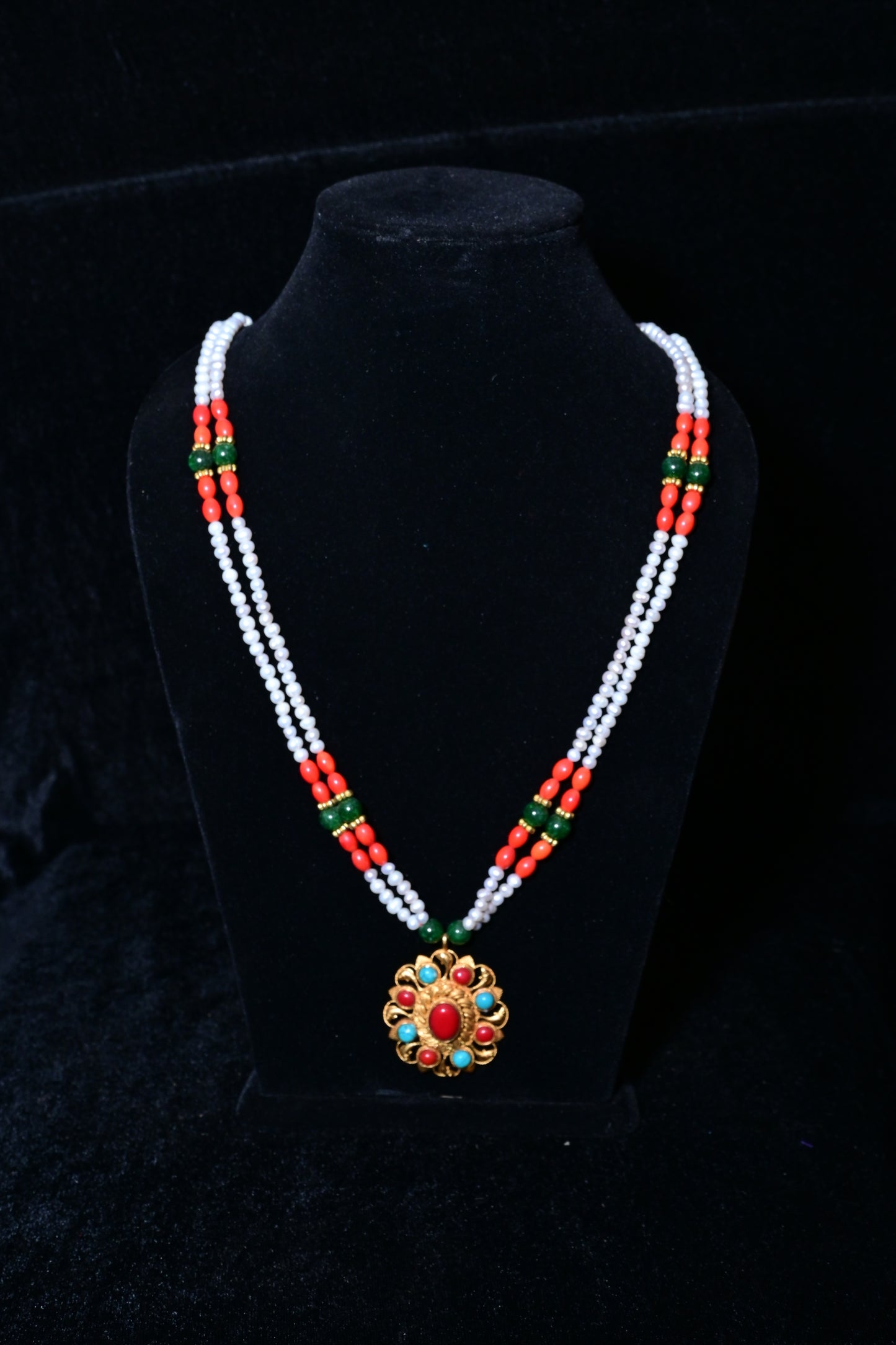 Traditional Double-Strand White Bead Necklace with Floral Pendant