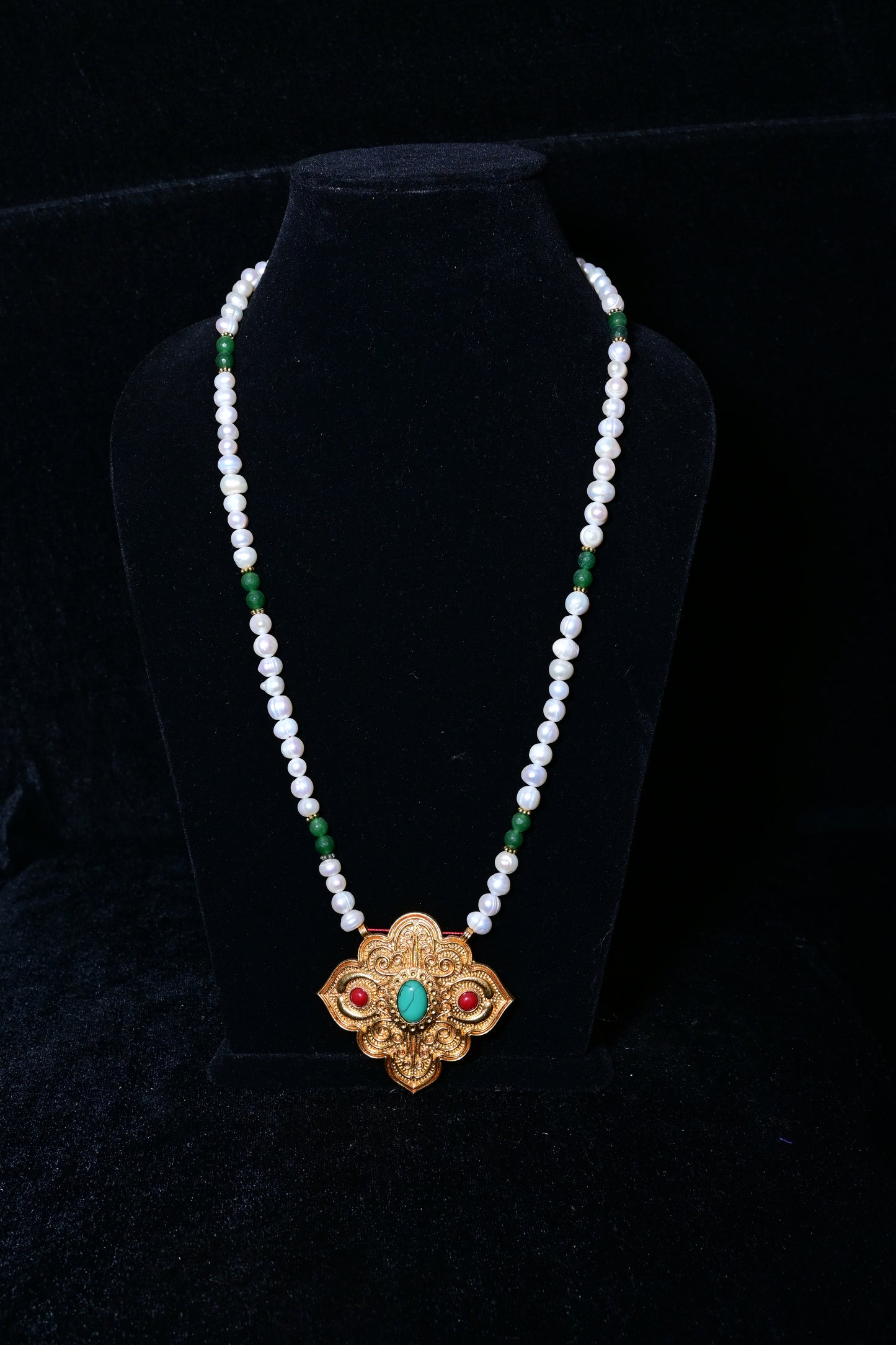 Pearl & Green Stone Necklace with Tibetan Antique Pendant