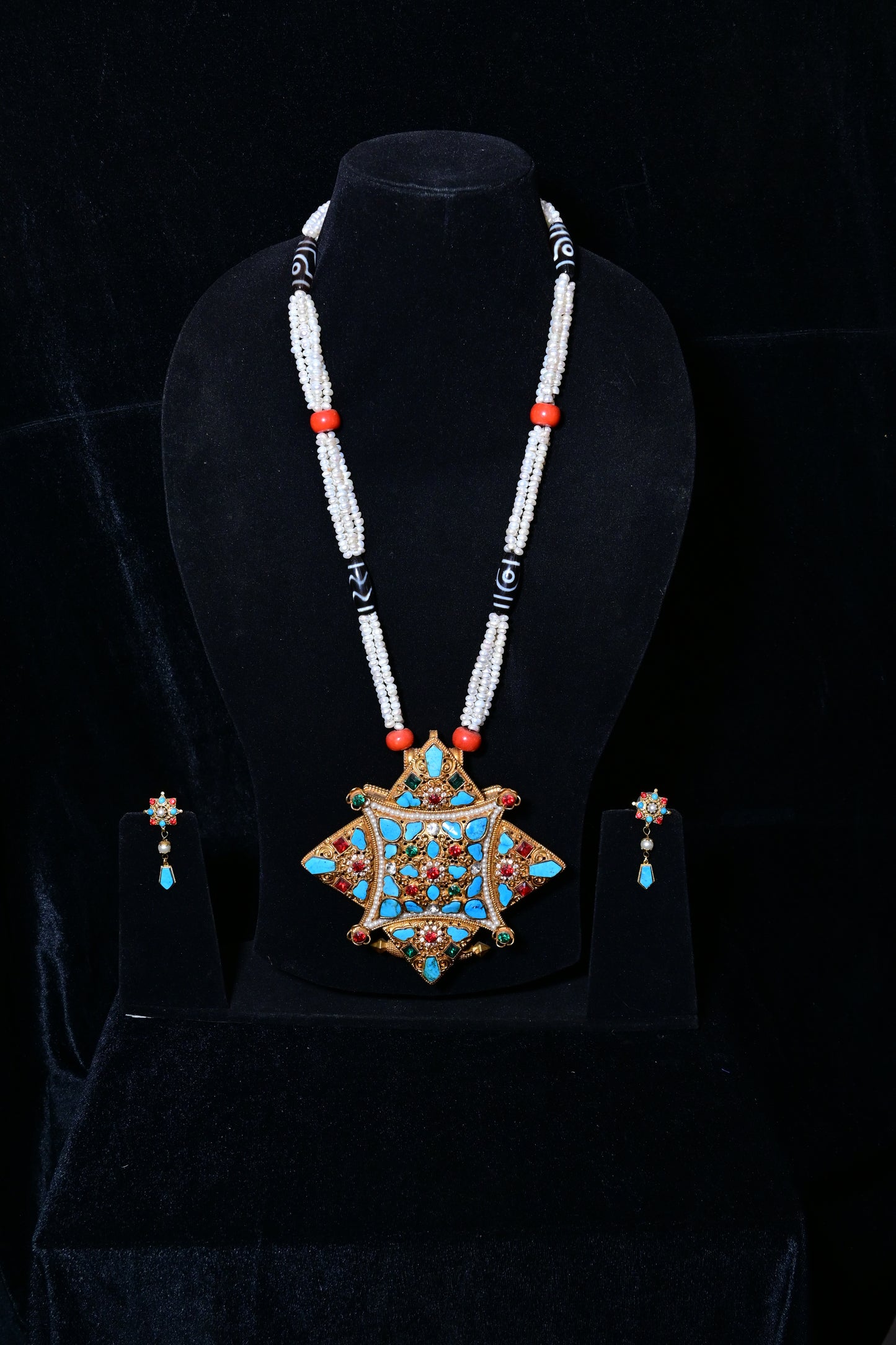 White Beaded Tibetan Pendant Necklace Set with Turquoise Star Medallion