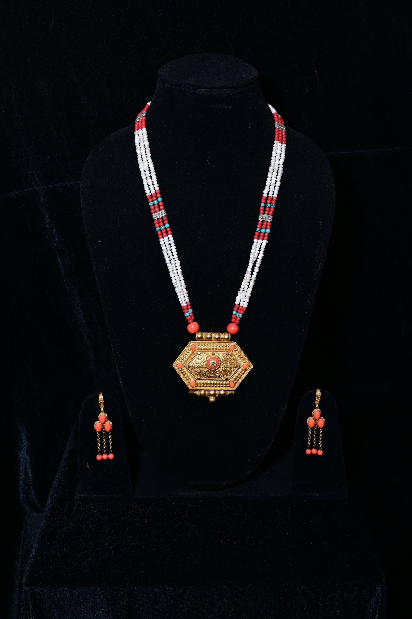 Traditional Tibetan Multi-Strand White Bead Necklace Set with Hexagonal Pendant