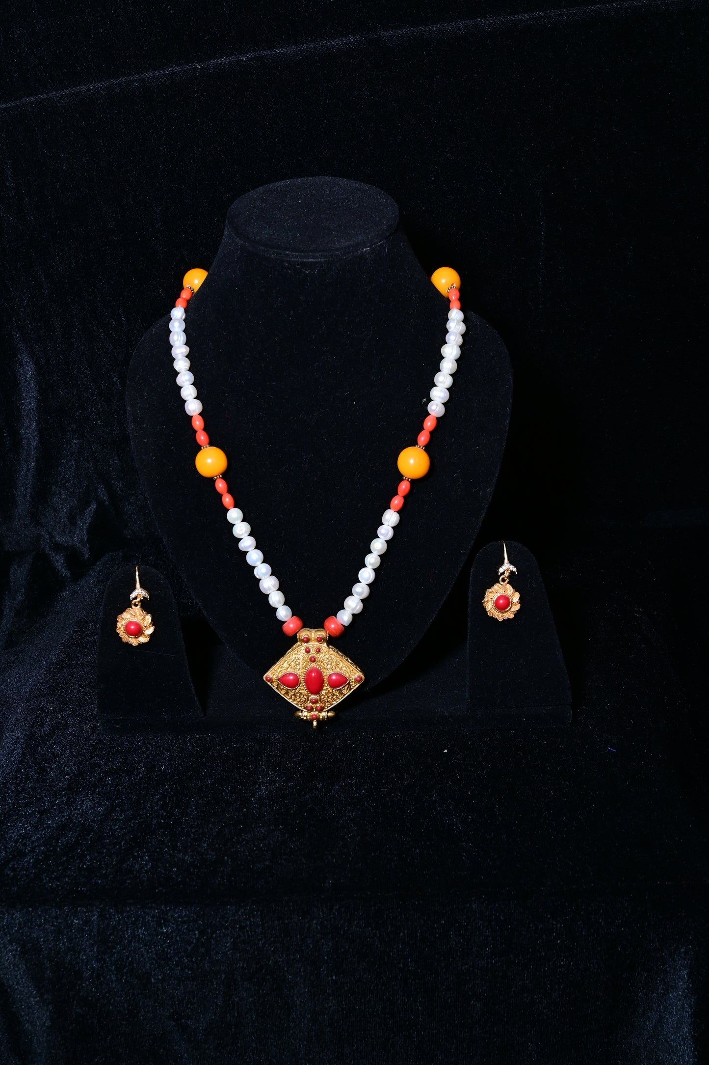 Traditional Tibetan Pearl & Coral Pendant Necklace Set