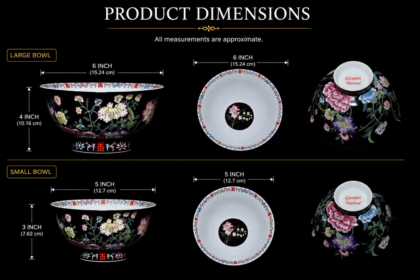 Gemini Thailand Black Floral Porcelain Decorative Bowl – Elegant Peony Edition