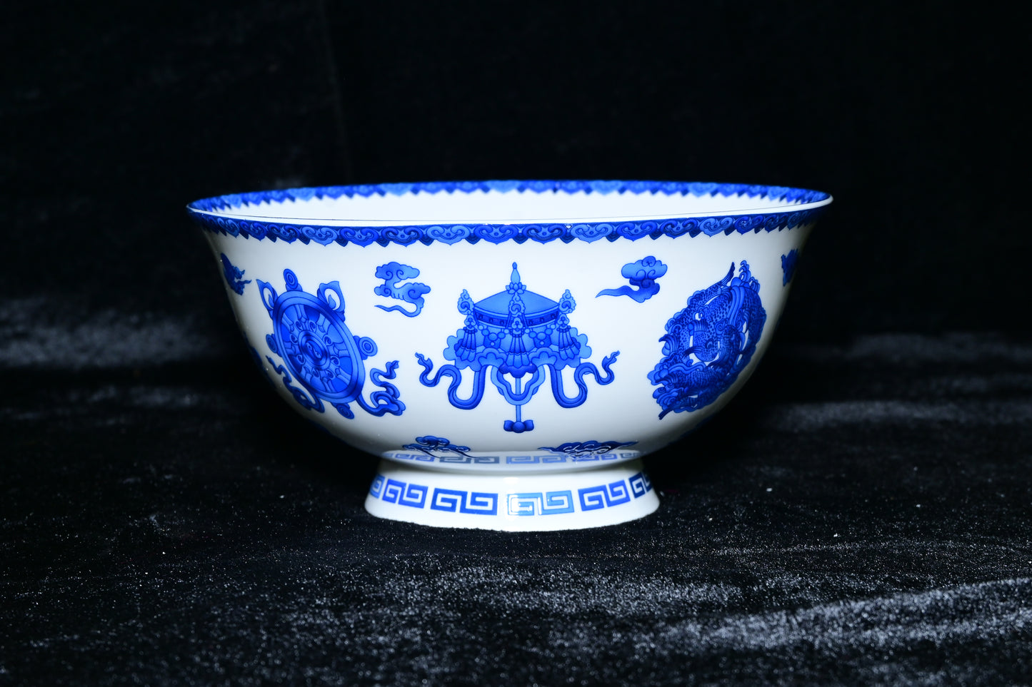 Blue & White Tibetan Auspicious Symbol Porcelain Bowl – Traditional Ceramic Ritual Bowl