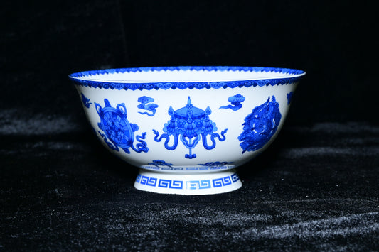 Blue & White Tibetan Auspicious Symbol Porcelain Bowl – Traditional Ceramic Ritual Bowl