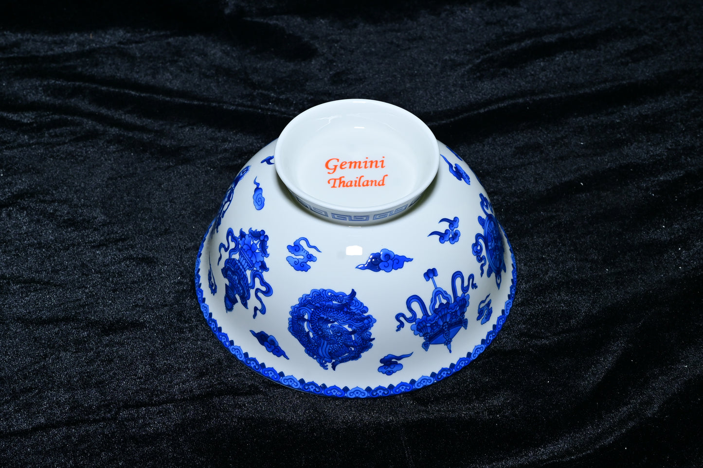 Blue & White Tibetan Auspicious Symbol Porcelain Bowl – Traditional Ceramic Ritual Bowl