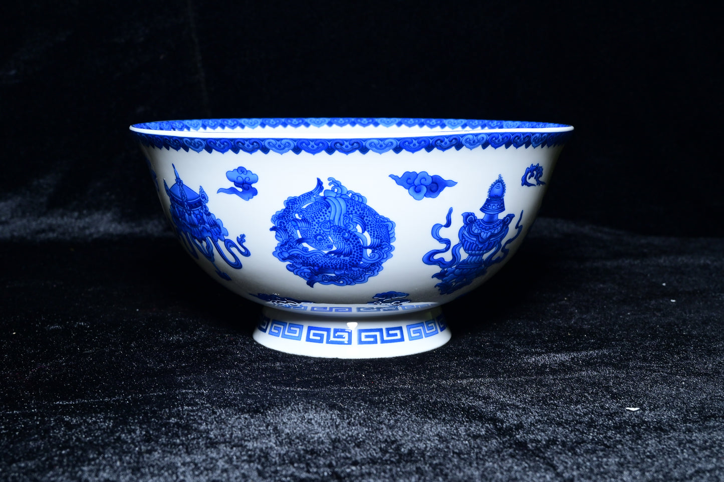 Blue & White Tibetan Auspicious Symbol Porcelain Bowl – Traditional Ceramic Ritual Bowl