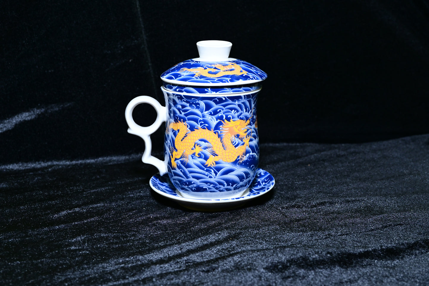 Traditional Dragon Design Ceramic Tea Mug with Lid & Strainer