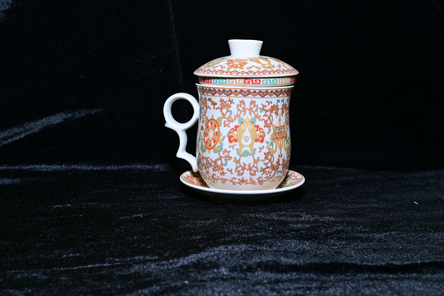 Traditional Tibetan Symbol Ceramic Tea Mug with Lid & Strainer