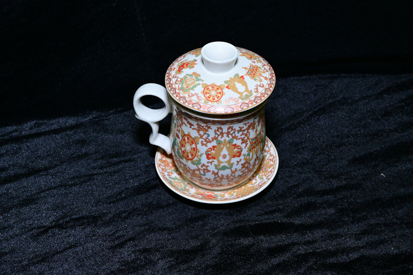 Traditional Tibetan Symbol Ceramic Tea Mug with Lid & Strainer