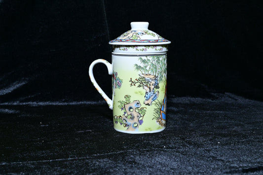 Traditional Tibetan Style Ceramic Tea Mug with Lid and Infuser