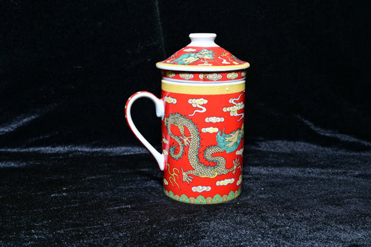 Traditional Tibetan Style Ceramic Tea Mug with Lid and Infuser