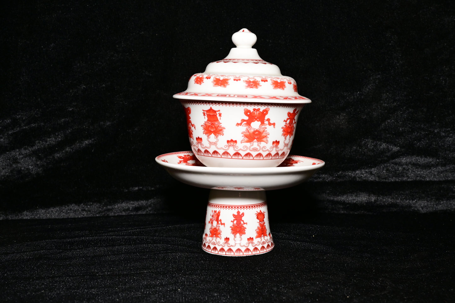 Traditional Ceramic Offering Bowl with Lid and Stand