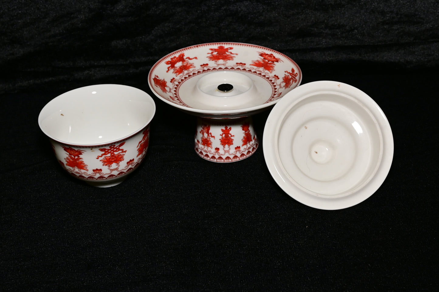 Traditional Ceramic Offering Bowl Set with Lid and Stand