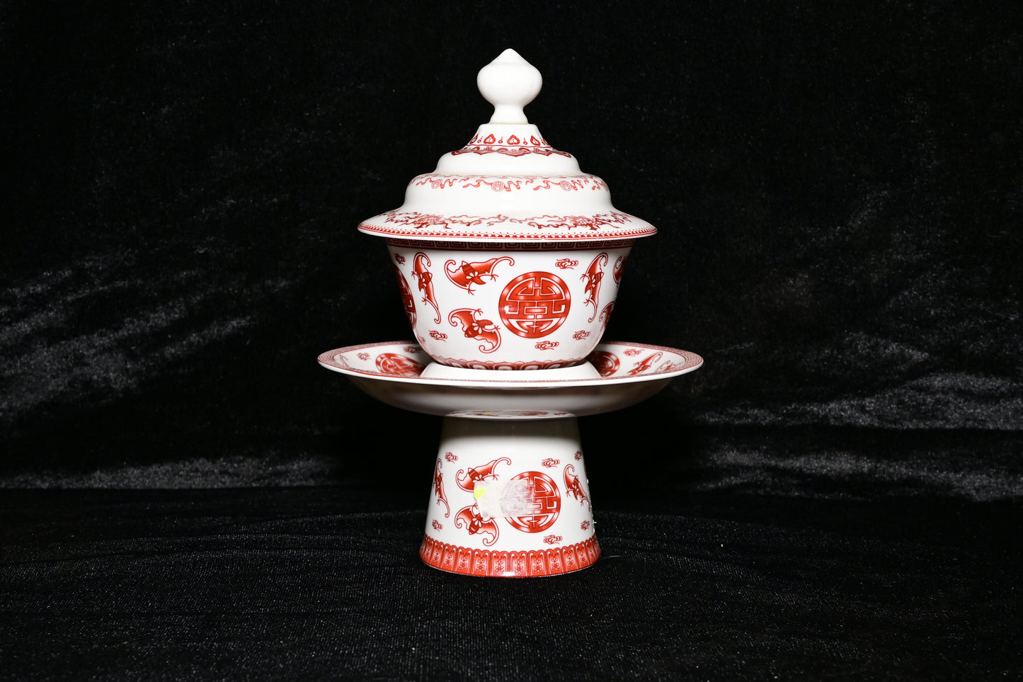 Traditional Ceramic Offering Bowl Set with Lid and Stand