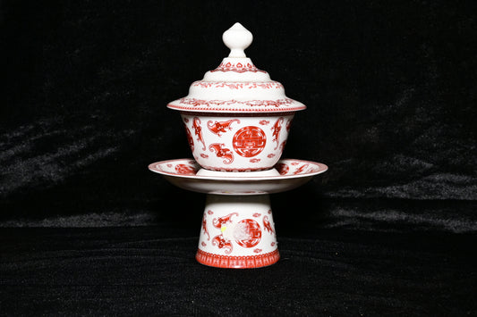 Traditional Ceramic Offering Bowl Set with Lid and Stand