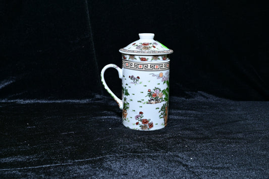 Traditional Tibetan Style Ceramic Tea Mug with Lid and Infuser
