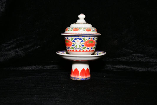 Traditional Ceramic Offering Bowl with Lid and Stand