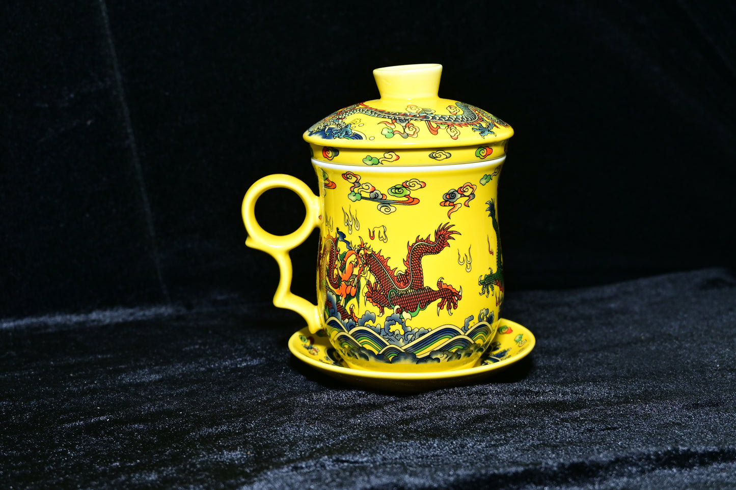 Traditional Dragon Design Ceramic Tea Mug with Lid & Strainer