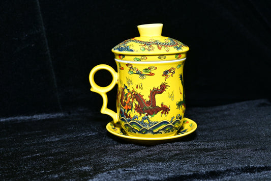 Traditional Dragon Design Ceramic Tea Mug with Lid & Strainer