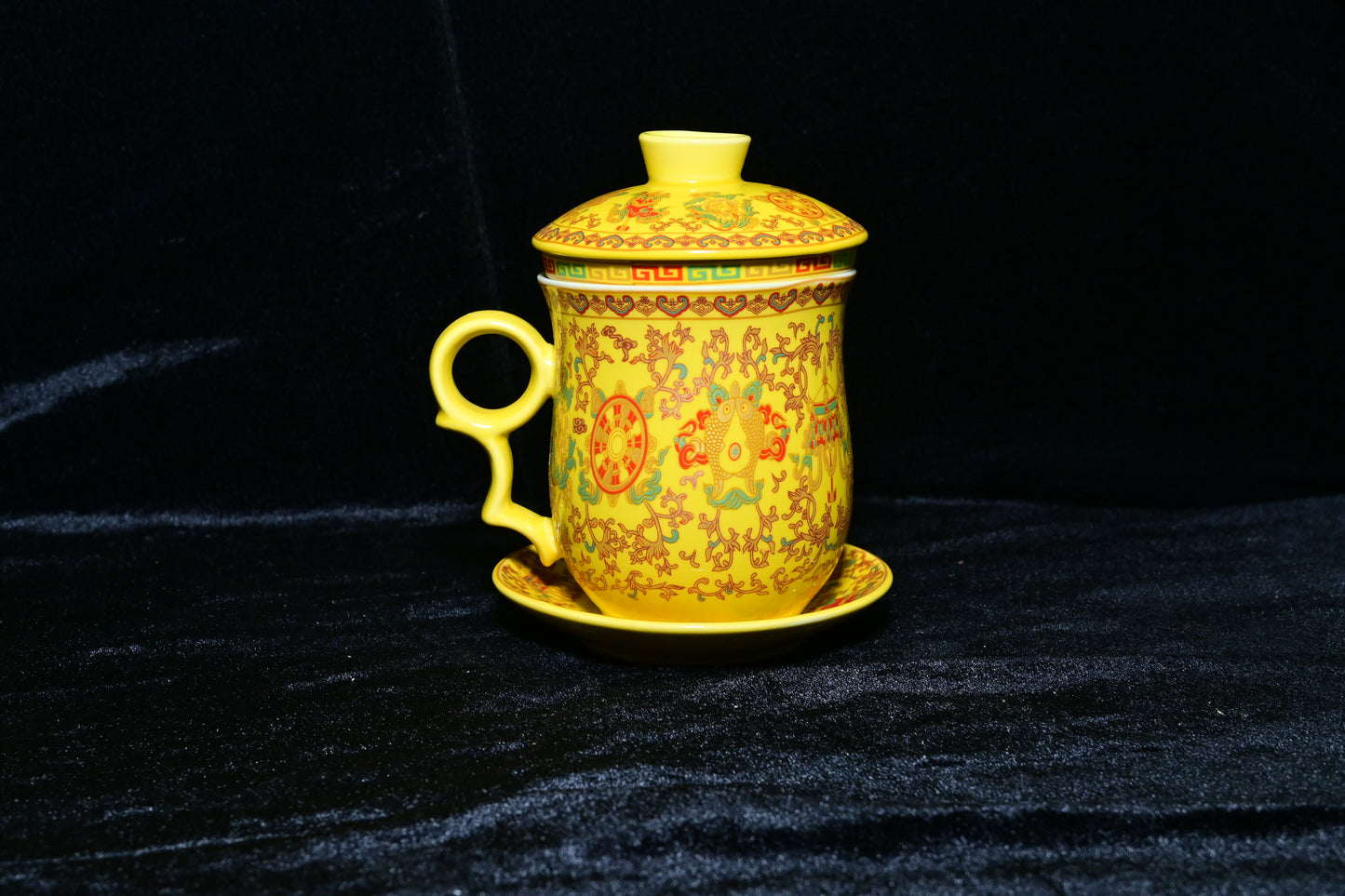 Traditional Tibetan Symbol Ceramic Tea Mug with Lid & Strainer