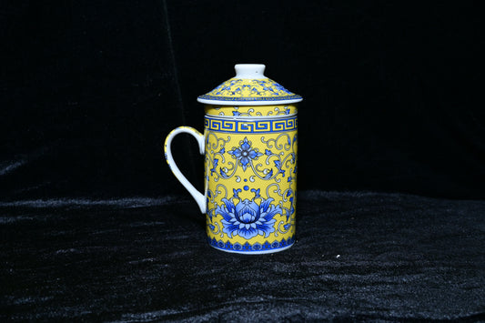 Traditional Tibetan Style Ceramic Tea Mug with Lid and Infuser