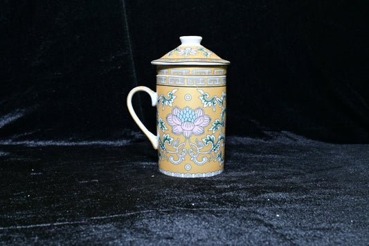 Traditional Tibetan Style Ceramic Tea Mug with Lid and Infuser