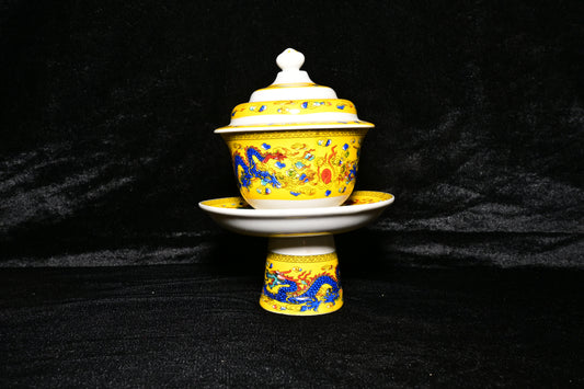 Traditional Ceramic Offering Bowl Set with Lid and Stand