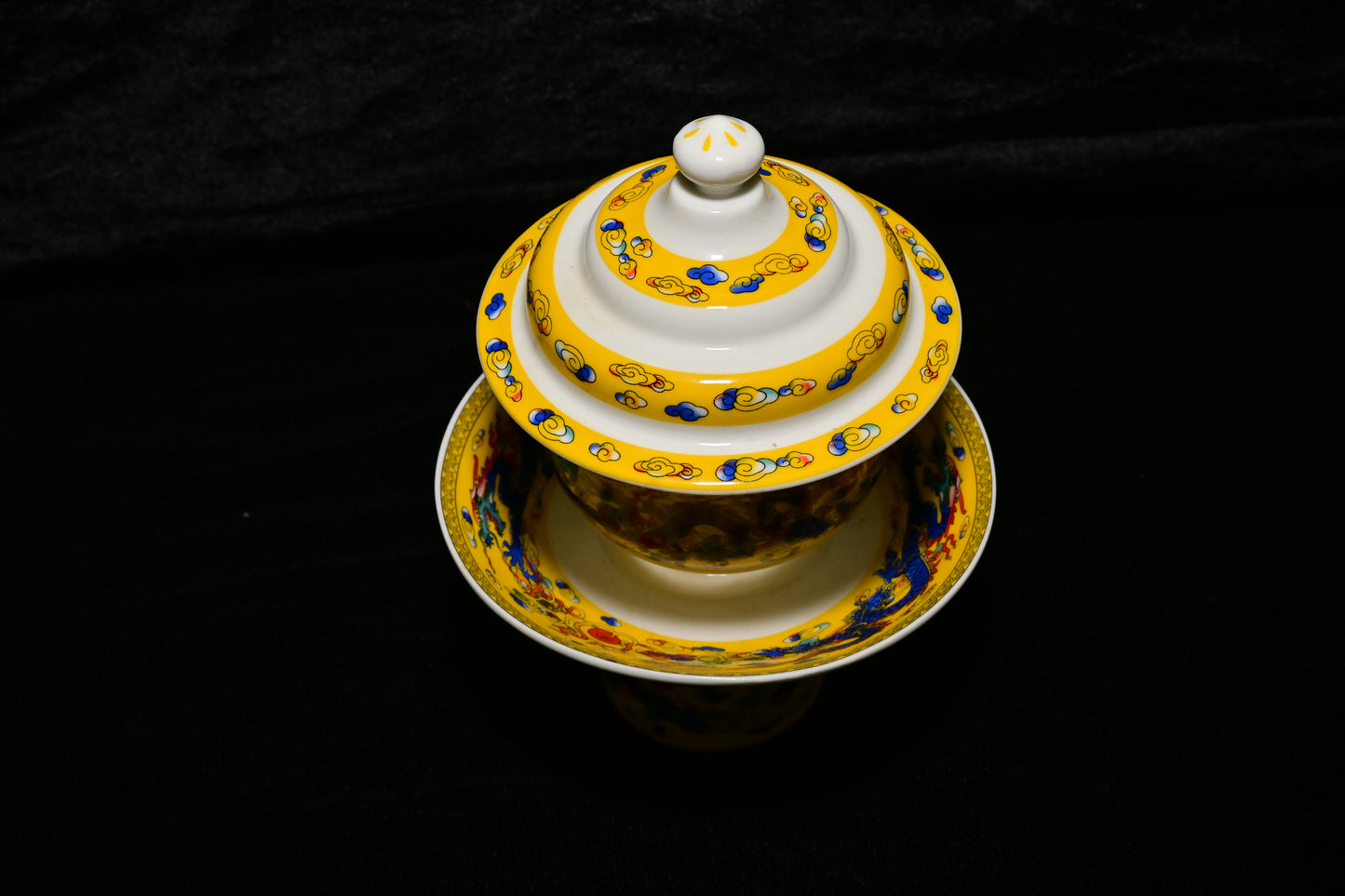Traditional Ceramic Offering Bowl Set with Lid and Stand