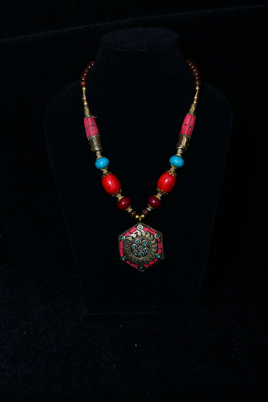 Multicolor Tibetan Necklace with Tribal Pendant