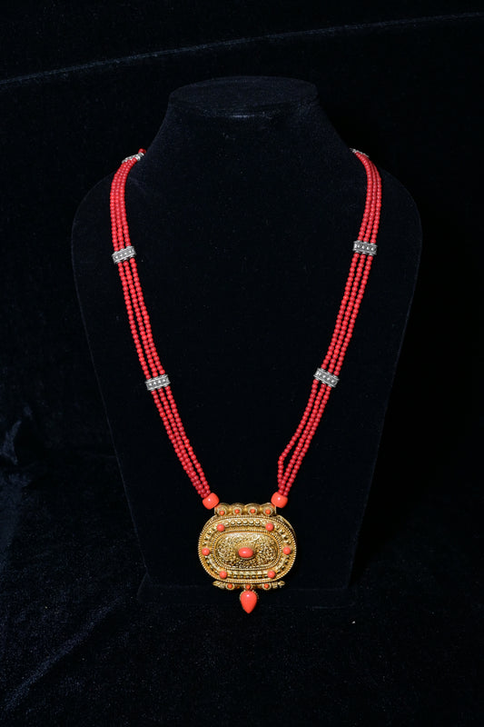 Traditional Red Multi-Strand Bead Necklace with Antique Gold Pendant