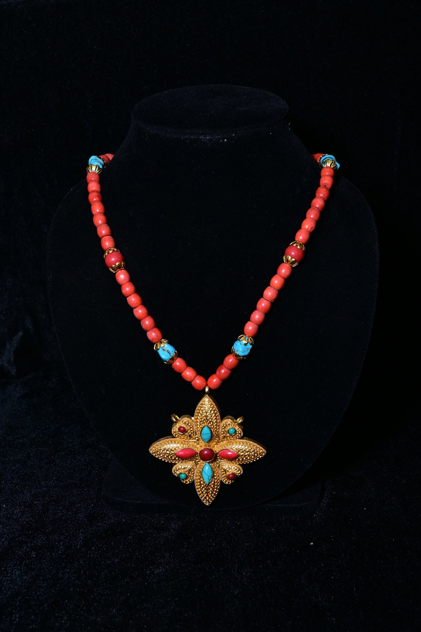 Traditional Coral Red Bead Necklace with Floral Antique Gold Pendant