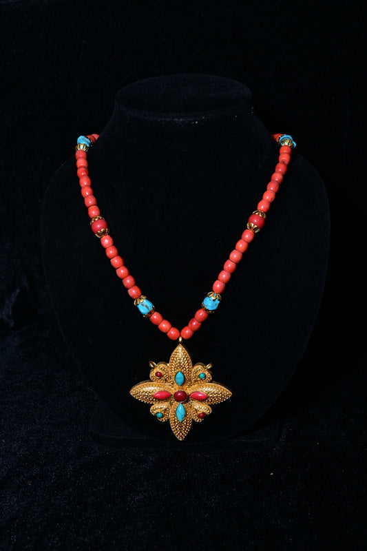 Traditional Coral Red Bead Necklace with Floral Antique Gold Pendant
