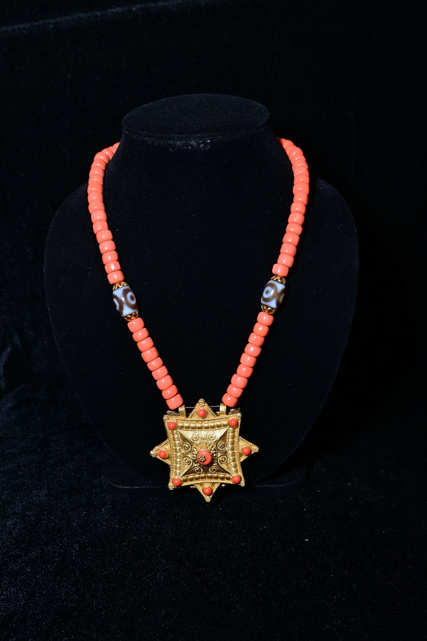 Traditional Coral Bead Necklace with Tibetan Dzi Beads & Antique Star Pendant