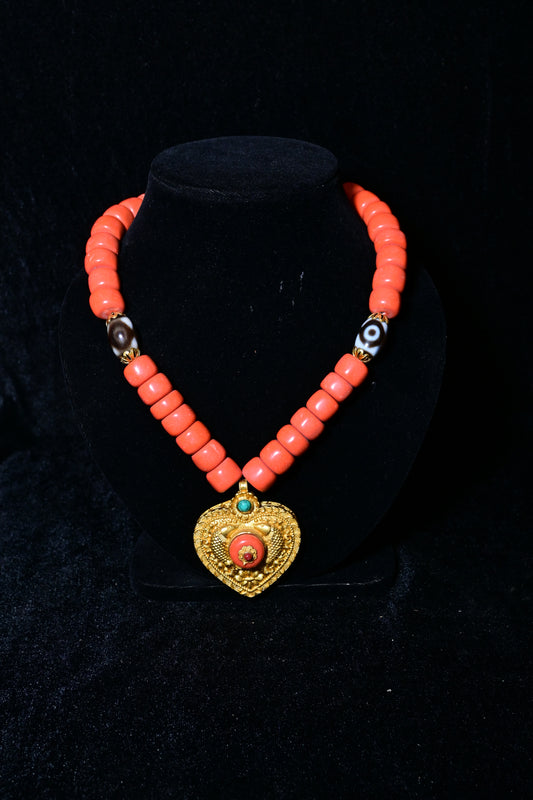 Traditional Coral Bead Necklace with Tibetan Dzi Beads & Heart Pendant
