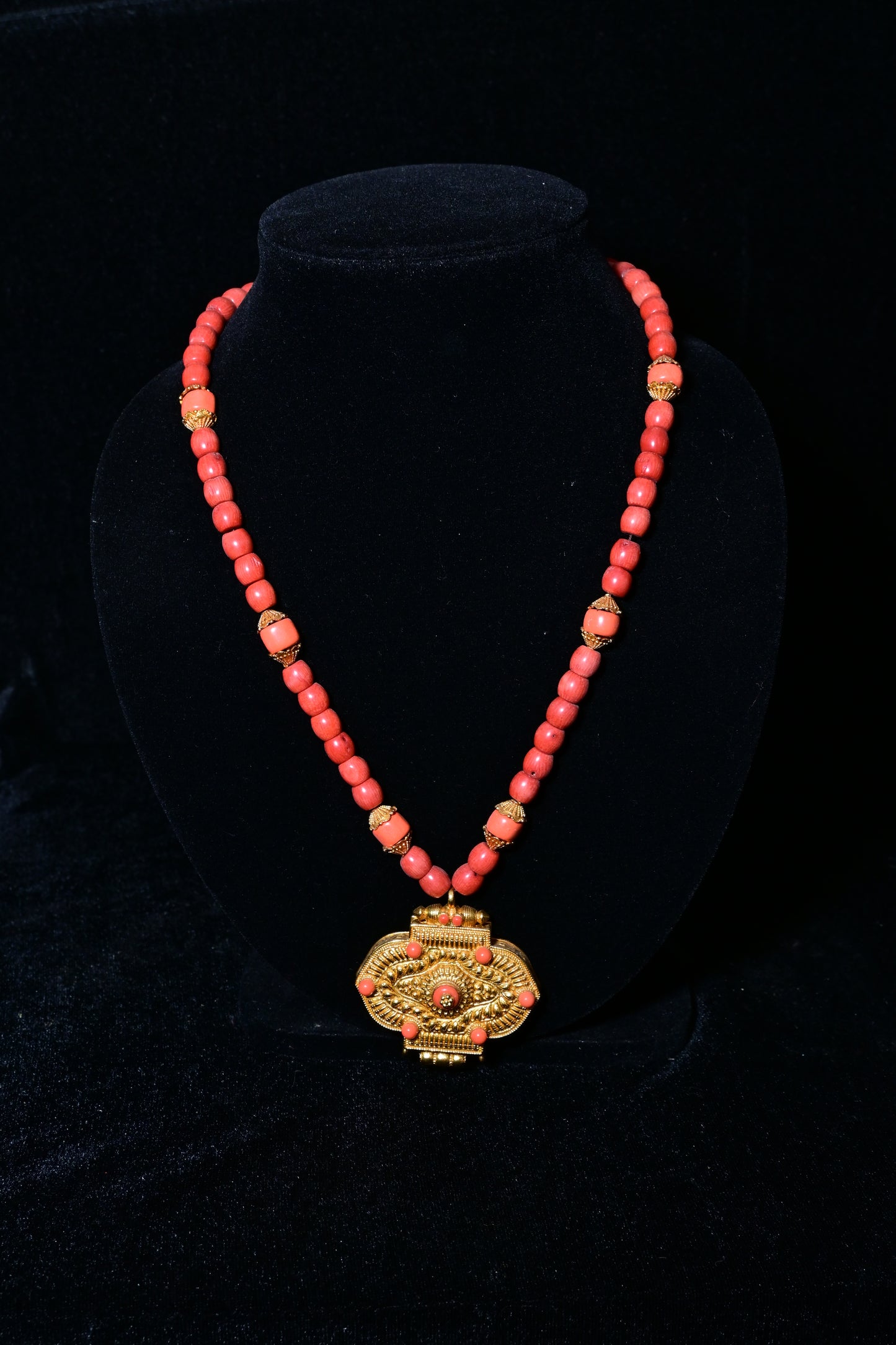 Traditional Coral Bead Necklace with Antique Tibetan Pendant