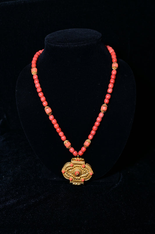Traditional Coral Bead Necklace with Antique Tibetan Pendant