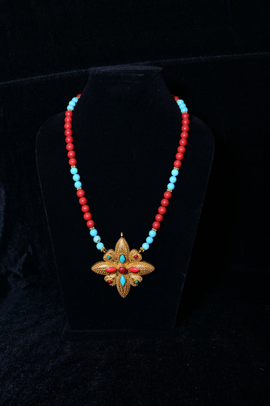 Coral & Turquoise Bead Necklace with Tibetan Floral Pendant