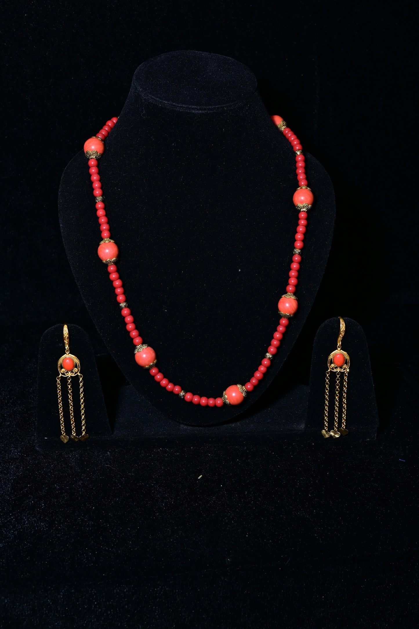 Coral Red Bead Necklace & Tassel Earrings Set