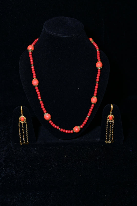 Coral Red Bead Necklace & Tassel Earrings Set