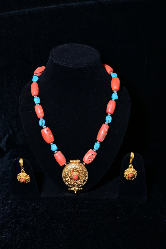 Coral & Turquoise Tibetan Pendant Necklace Set