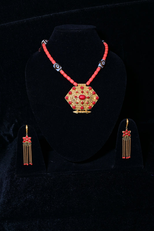 Traditional Tibetan Red Bead Necklace Set with Hexagonal Pendant