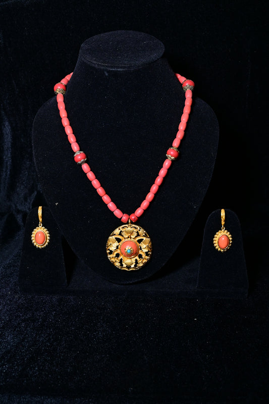 Traditional Tibetan Coral Bead Necklace Set with Floral Gold Pendant